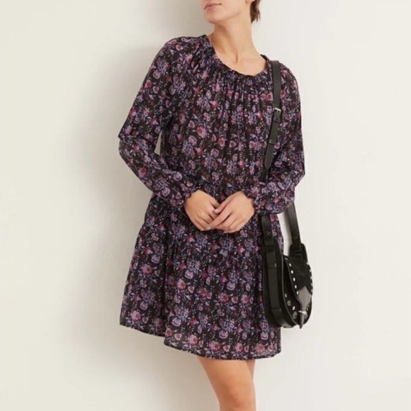 XIRENA Lea Shirred Off the Shoulder Tiered Silk Blend Dress Black Beauty Floral - Picture 1 of 16